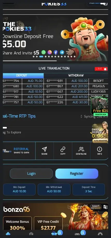 ThePokies33 mobile home page, live transaction feed with deposit and withdrawal history, 20.10.2026