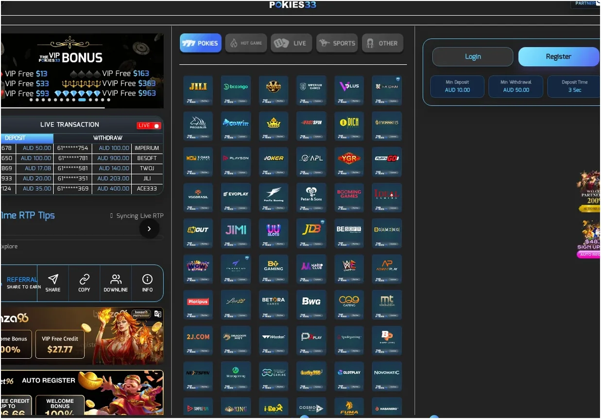 ThePokies33 home page main lobby, game provider grid with "POKIES" logo and navigation tabs, 20.10.2026