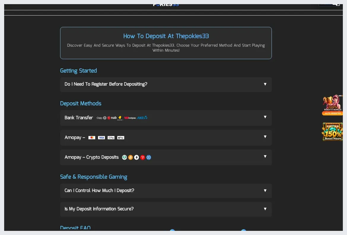 ThePokies33 deposit methods page, "Deposit Methods" section with payment provider logos, 20.10.2026