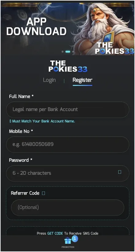 ThePokies33 Registration form, "Register" tab with input fields for account creation, 20.10.2026
